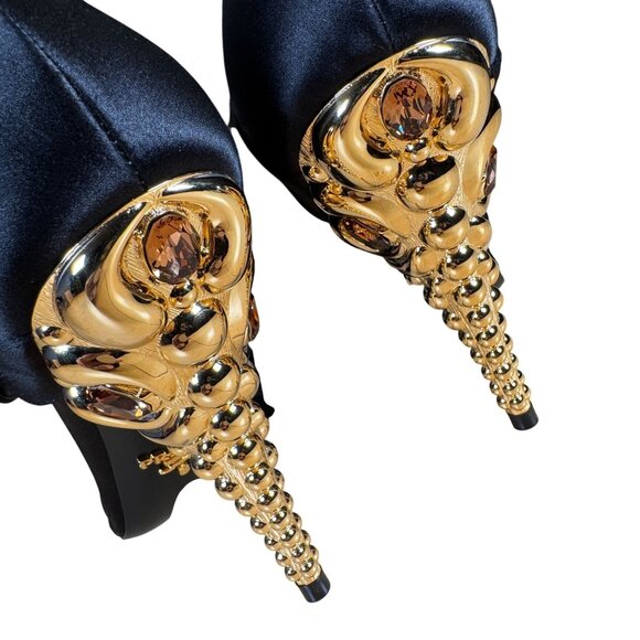 Prada Authentic Black Satin Embellished Gold Ball Mary Jane Heels Shoes Size 38 - Picture 5 of 14
